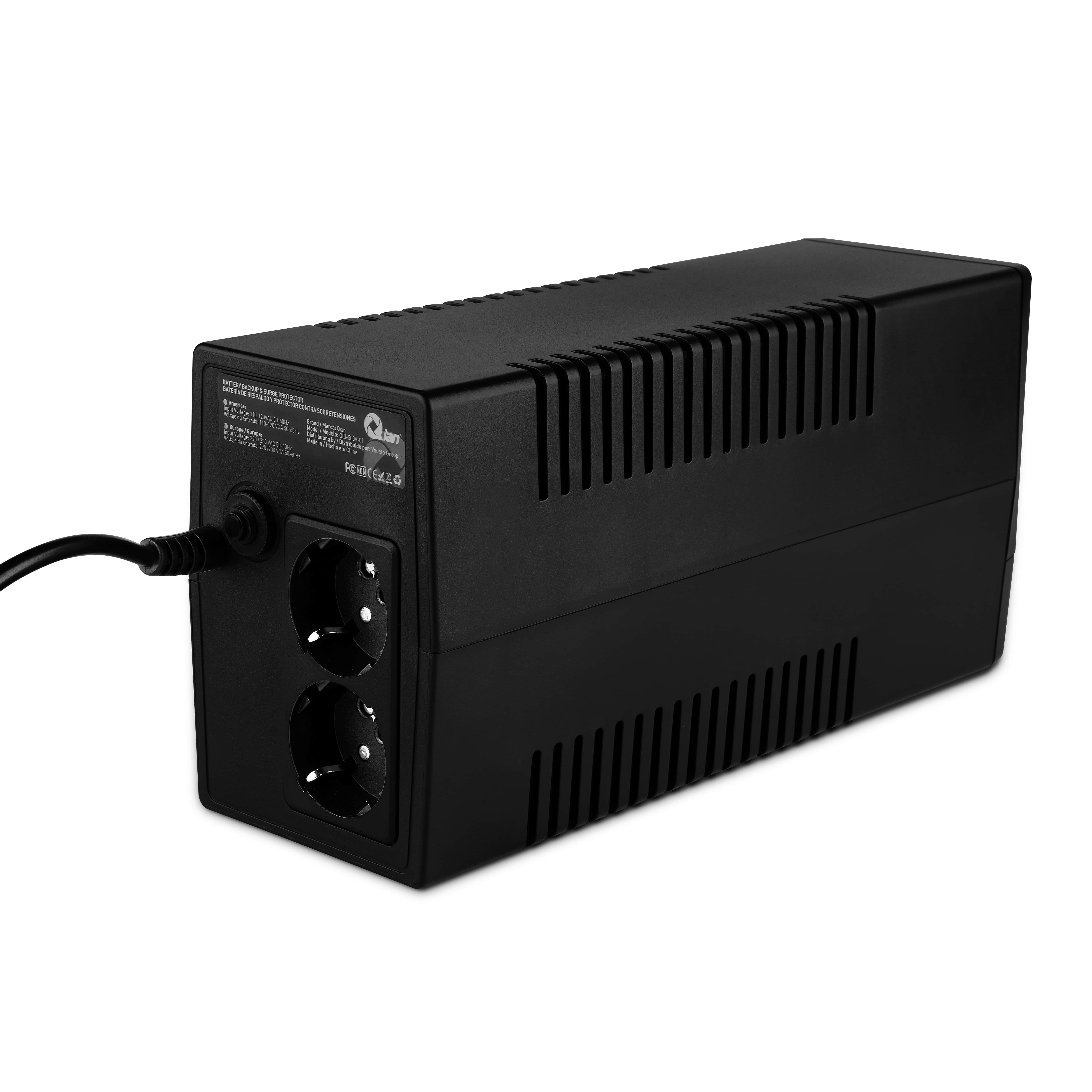 Dispositivo UPS Q-Lan nero con prese di corrente e cavo di alimentazione, pronto per proteggere l'elettronica.