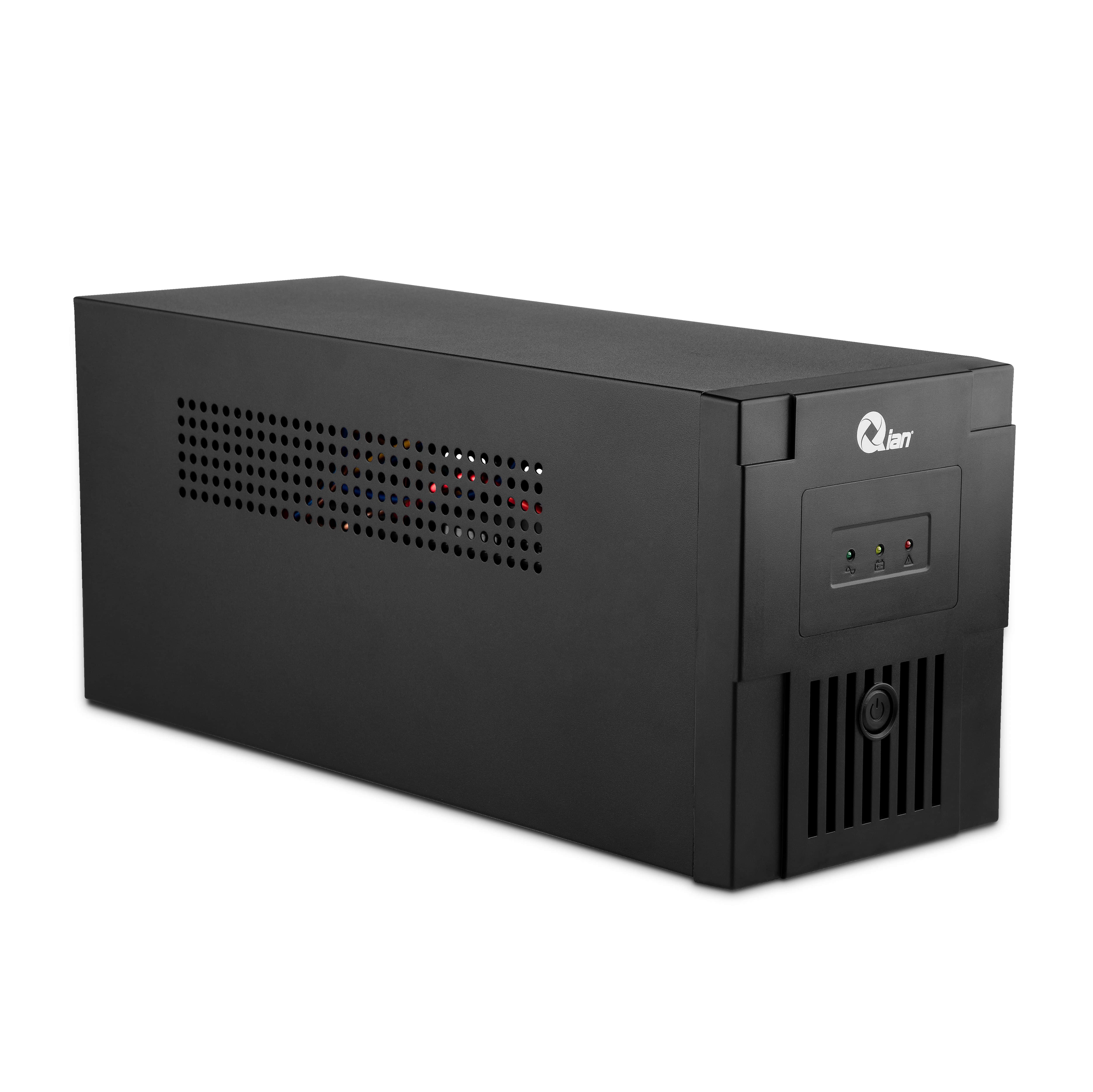 Dispositivo Qlan nero con fori di ventilazione e un pulsante di accensione. Lo sfondo è bianco.