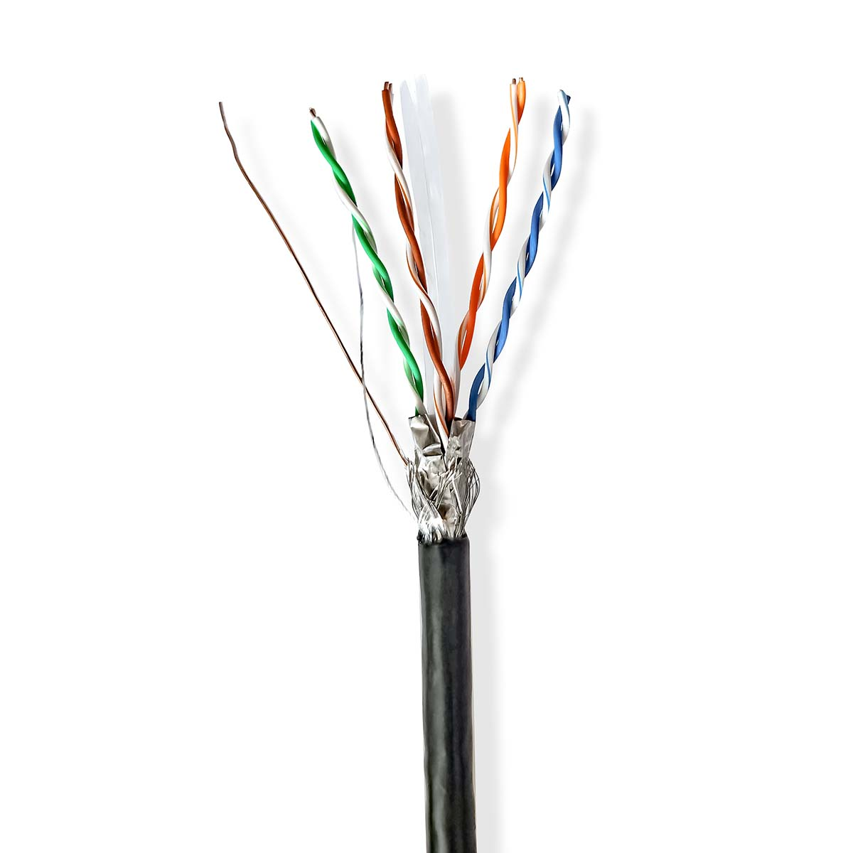 Un cavo di rete tagliato con più coppie intrecciate di fili colorati: verde, arancione, blu e marrone.