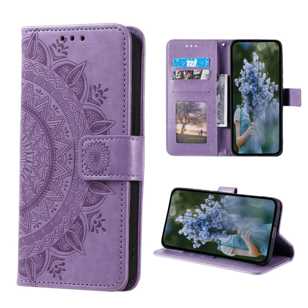 Lila Handyhülle mit Telefon. Blumendesign. Weißer Hintergrund.