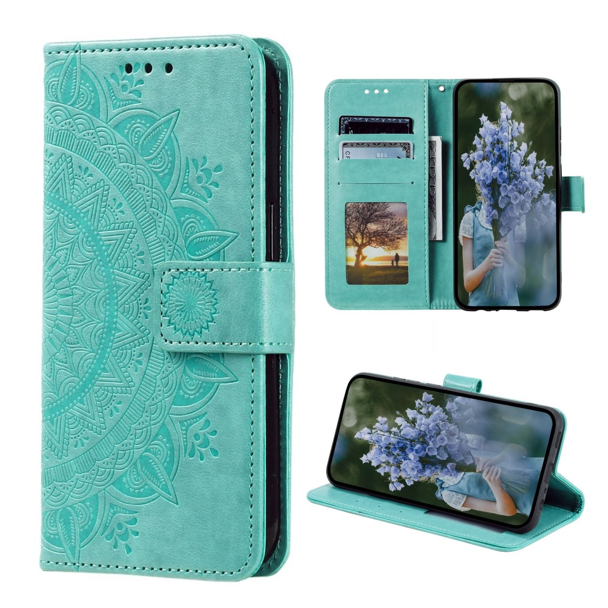 Eine türkisfarbene Handyhülle mit Mandala-Design, geöffnet, um Karten und ein Telefon mit Blumen zu zeigen. Drei Ansichten.