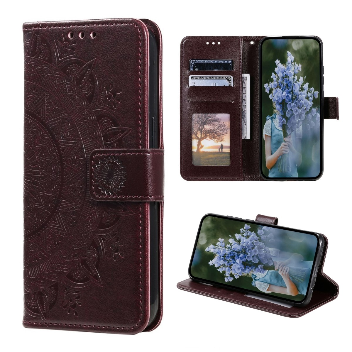 Braune Leder-Handyhülle offen, Telefon und Karten zeigend. Weißer Hintergrund.