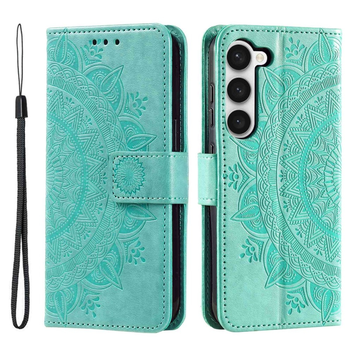 Eine türkisblaue Handyhülle mit Mandala-Design, geöffnet, um ein Telefon und einen Riemen zu zeigen.
