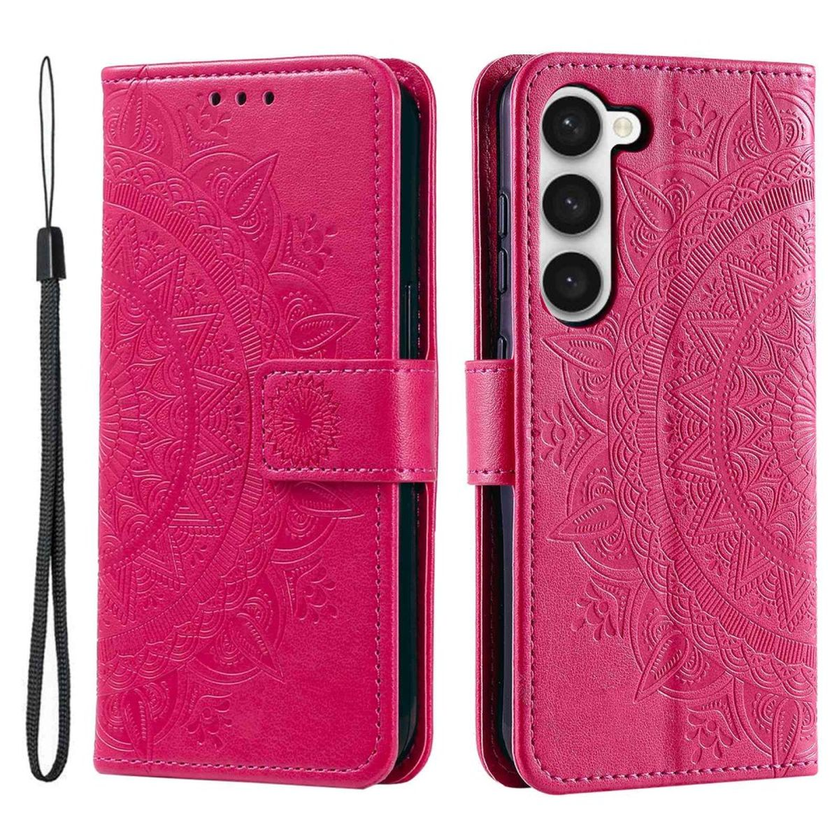 Eine pinkfarbene Handyhülle mit floralem Design und schwarzem Handgelenkband.