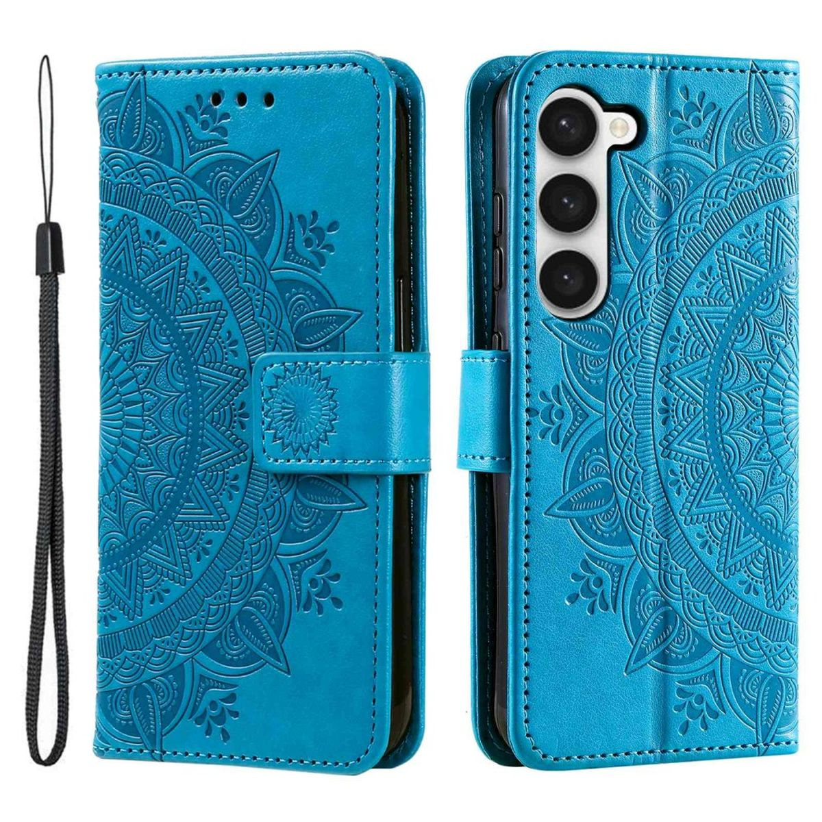 Blaue Handyhülle mit Mandala-Design offen, zeigt Telefon mit Kameras.