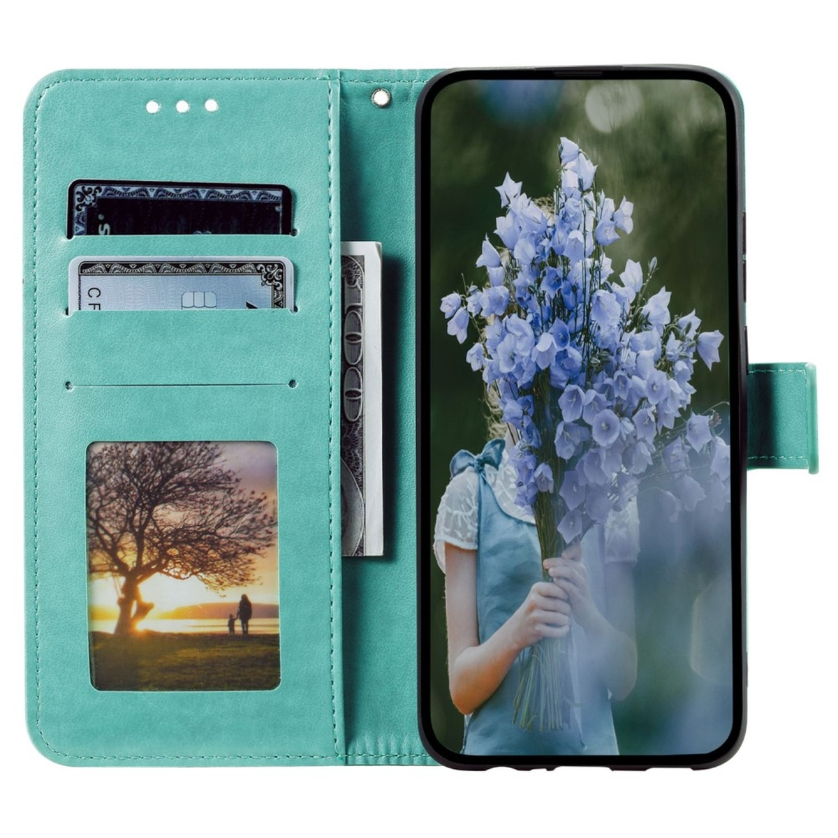 Telefon in einer türkisblauen Geldbörsenhülle. Hülle hat Karten- und Bildfächer. Mädchen hält Blumen.