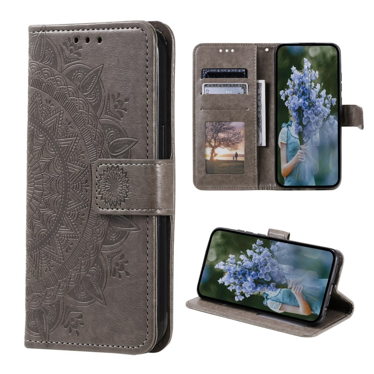 Eine graue Handyhülle mit Mandala-Design, geöffnet, um Karten und ein Telefon mit Blumen zu zeigen. Drei Ansichten.