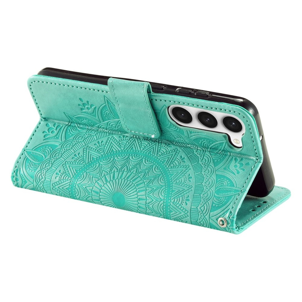 Türkis Handyhülle, geöffnet, mit einem Telefon mit Mandala-Design. Die Hülle steht aufrecht.