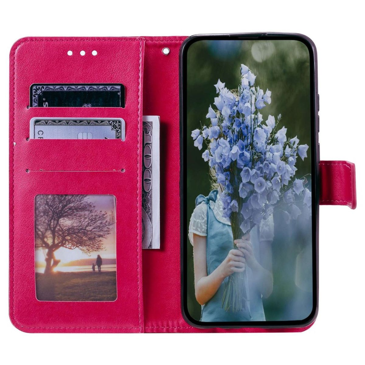 Offene rote Geldbörse mit Telefon, das eine Person mit blauen Blumen zeigt. Karten und Bargeld sind in der Brieftasche sichtbar.