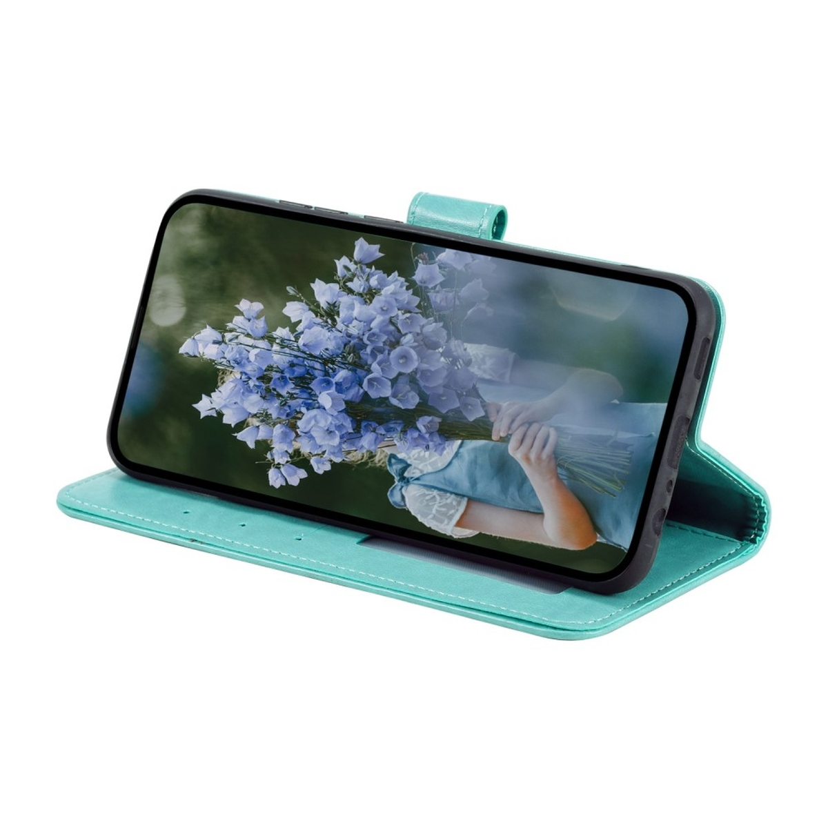 Telefonbildschirm mit Blumen. Türkisfarbene Handyhülle mit Knopf.