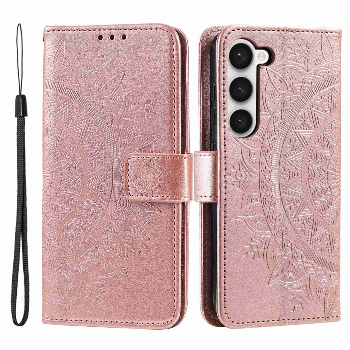 Eine rosa, gemusterte Handyhülle, geöffnet, um das Telefon zu zeigen. Eine Handschlaufe ist links befestigt.