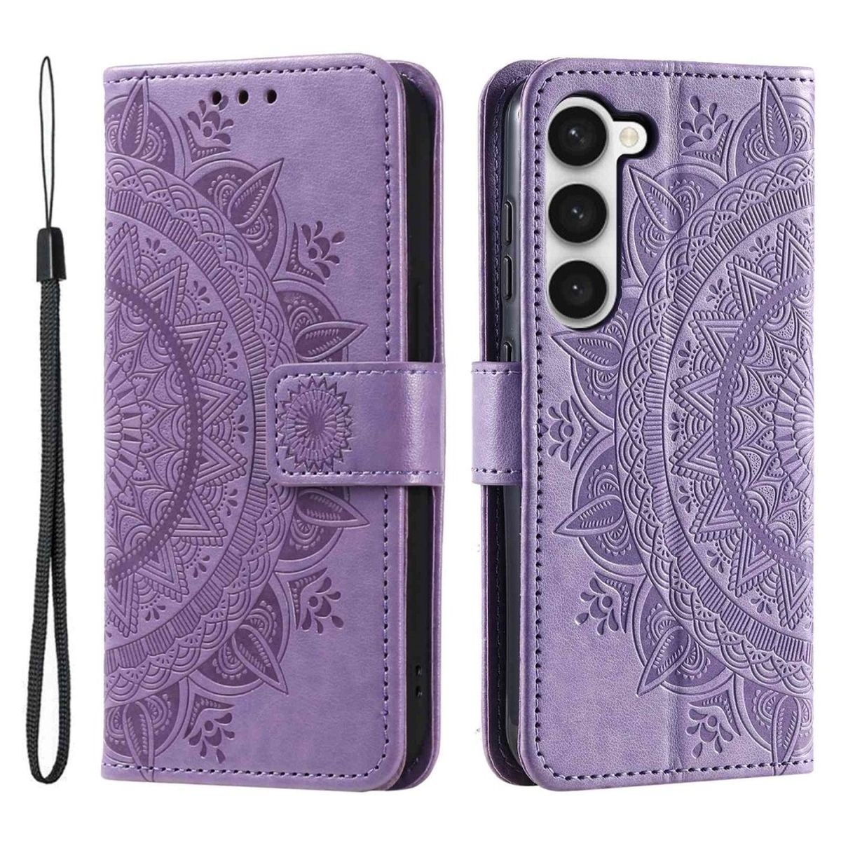 Eine lila Handyhülle mit Mandala-Design, geöffnet, um ein Telefon und einen Riemen zu zeigen.