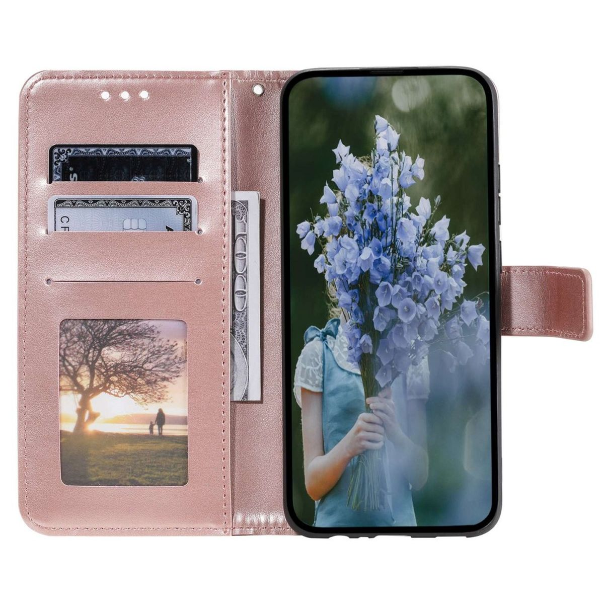 Eine pinkfarbene Brieftaschen-Handyhülle mit einem Telefon darin, das eine Person mit Blumen zeigt.