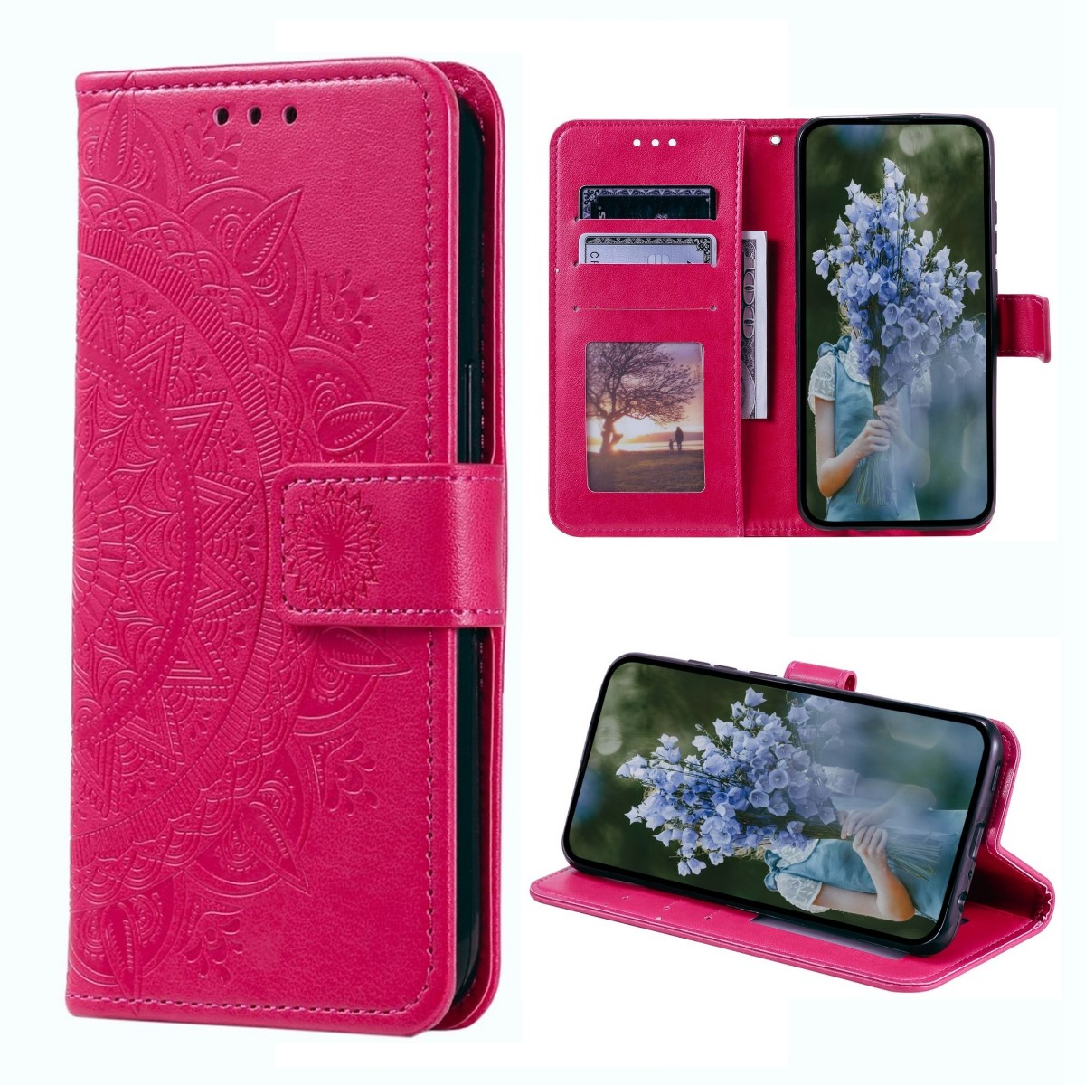 Eine rosa Geldbörse für Telefone mit floralem Design auf der Vorderseite, die das Innere mit Karten und einem Telefon zeigt.