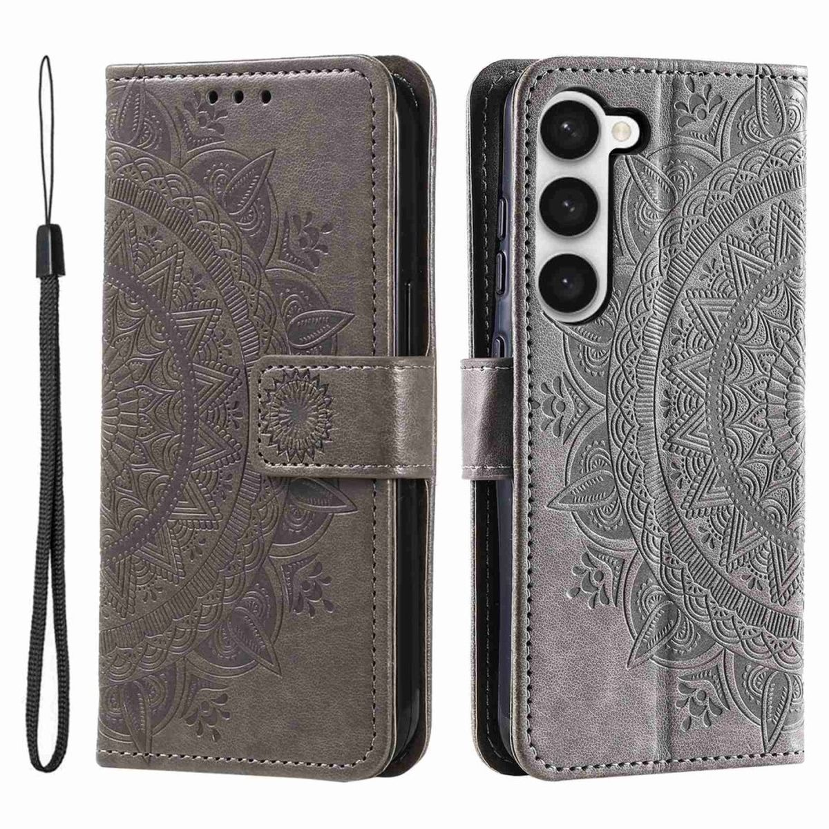 Graue Handy-Geldbörsenhülle mit Mandala-Design. Telefon in der geöffneten Hülle, Riemen inklusive.