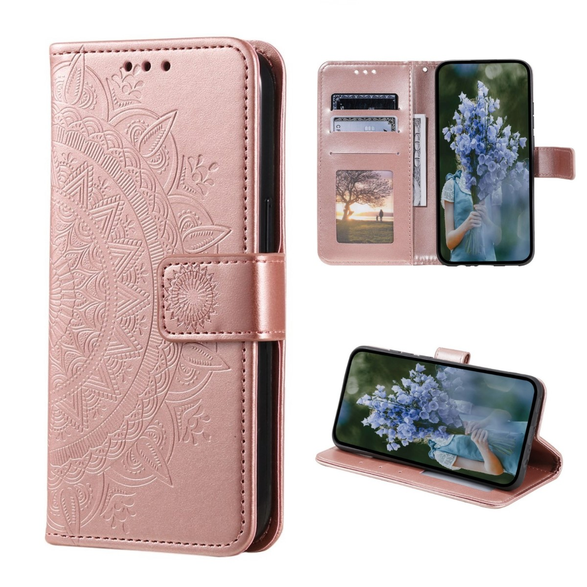 Eine rosa Handyhülle mit floralem Design, und Bilder des geöffneten Telefons mit Karten und Blumen.
