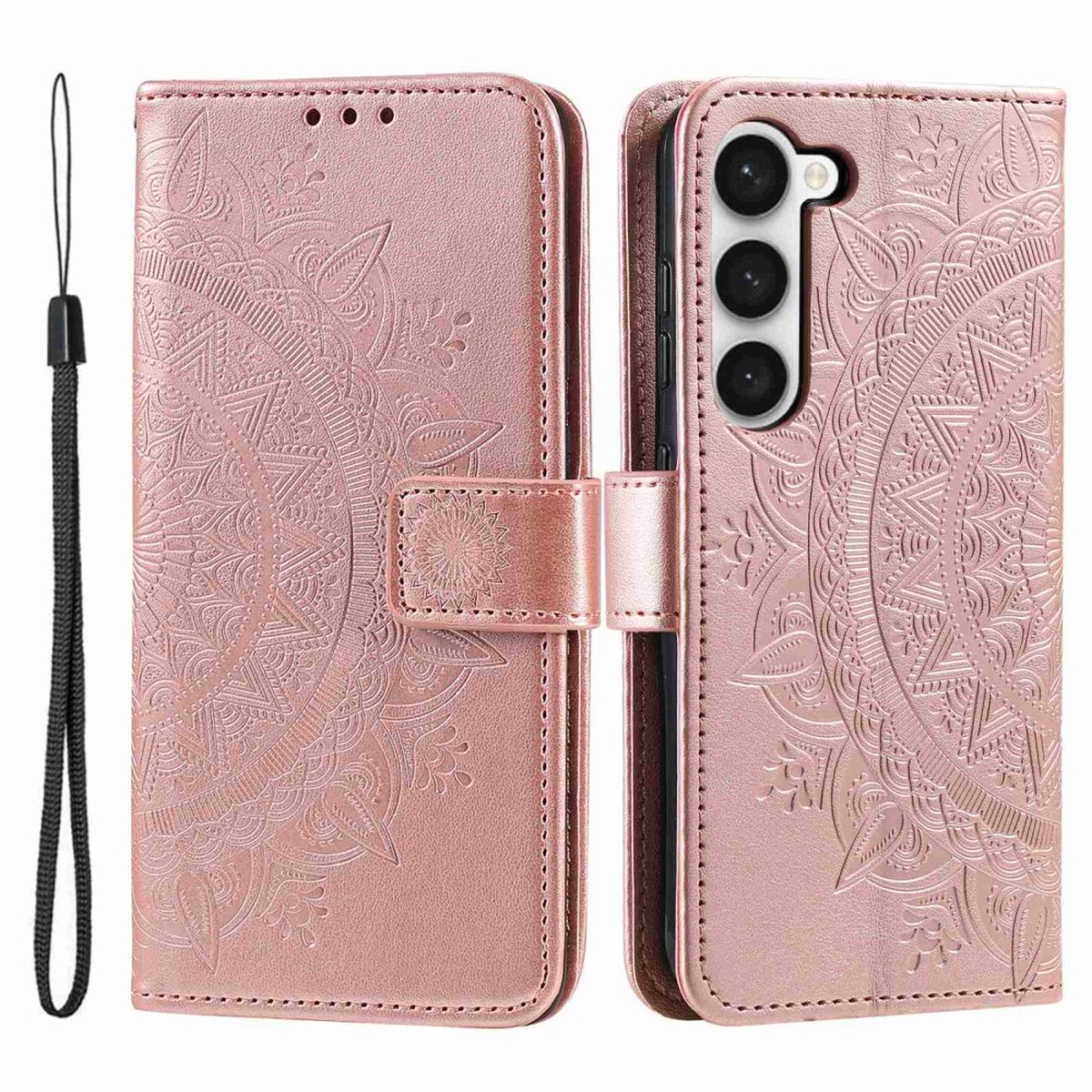 Rosafarbene Handyhülle mit Mandala-Design, offen. Schwarzer Riemen. Telefon hat mehrere Kameras.