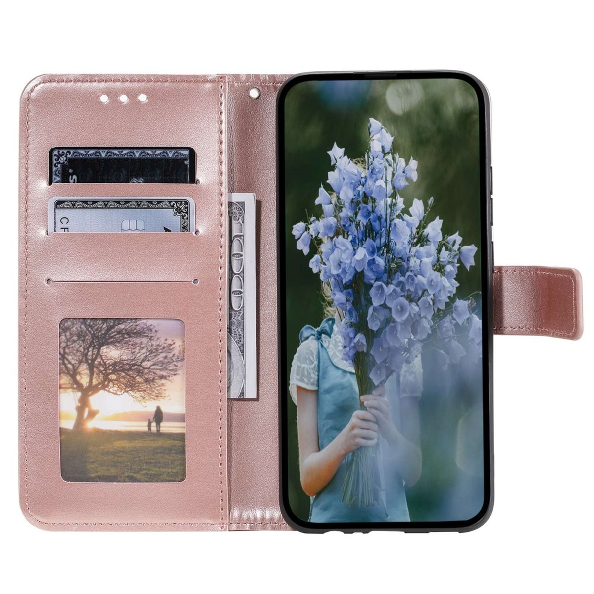 Rosa Handyhülle mit Karten und Geld. Ein Foto und ein Handy mit Blumen sind sichtbar.