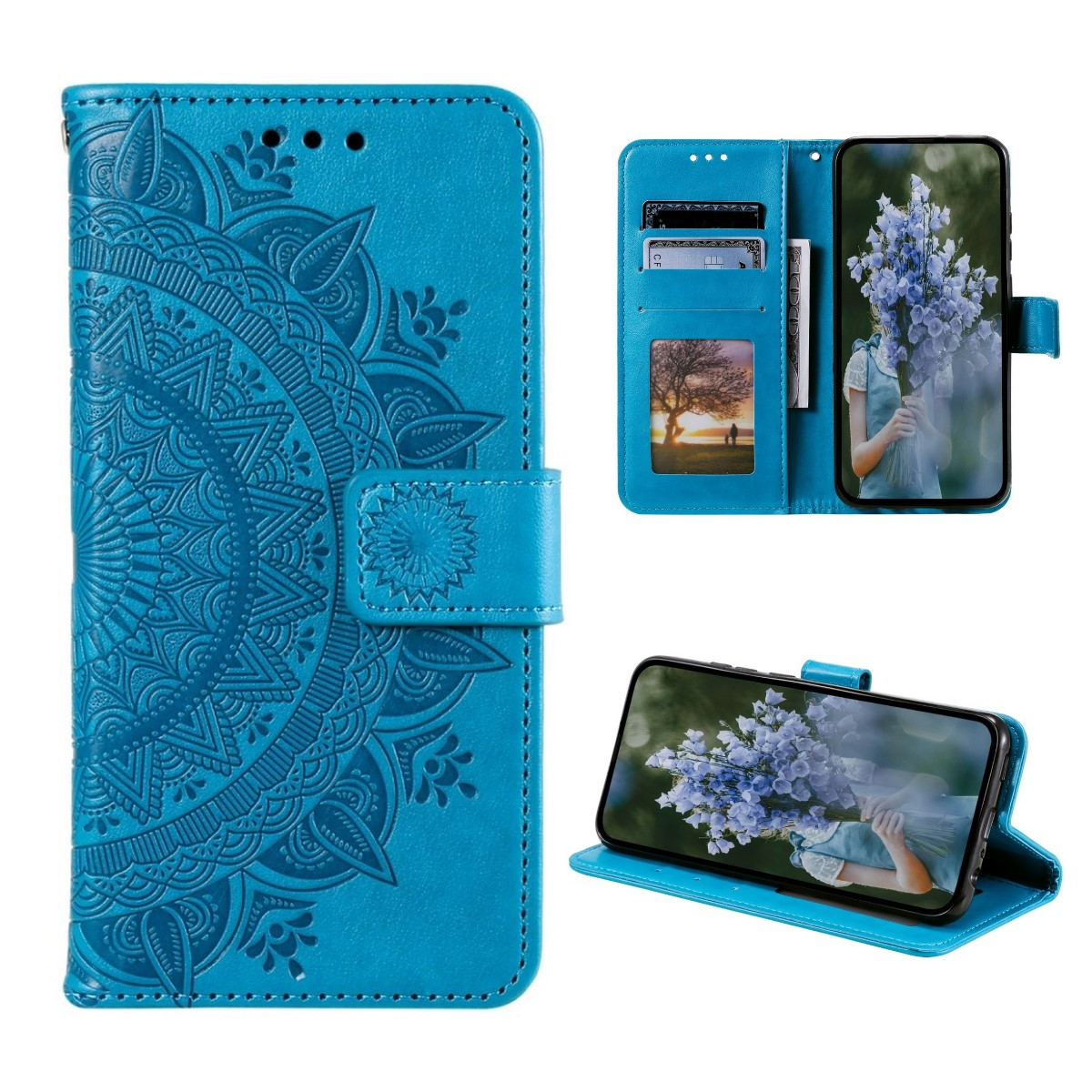 Eine blaue Leder-Handyhülle mit geprägtem Design und einem Telefon darin, mit Details der Funktionen.
