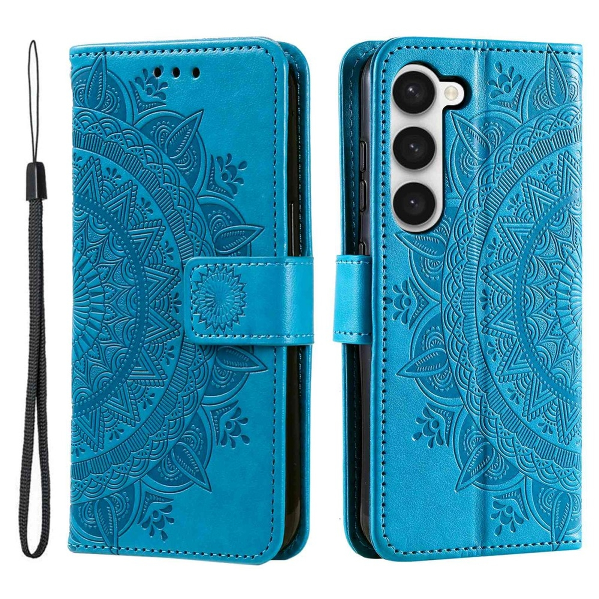 Blaue Handyhülle mit Mandala-Design. Geöffnet, zeigt Handy und Kartenfächer.