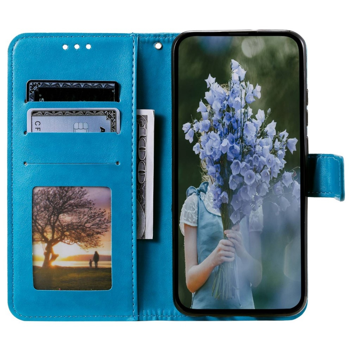 Blaue Leder-Handyhülle offen, mit Telefon, Karten und Bargeld. Eine Frau mit Blumen ist auf dem Bildschirm zu sehen.