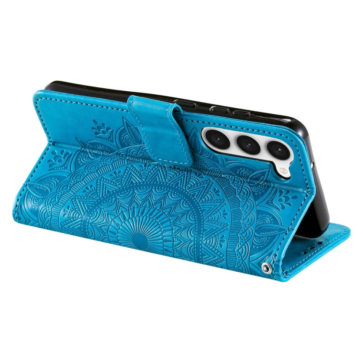 Blaue Handyhülle in stehender Position, mit Mandala-Design und Telefon.