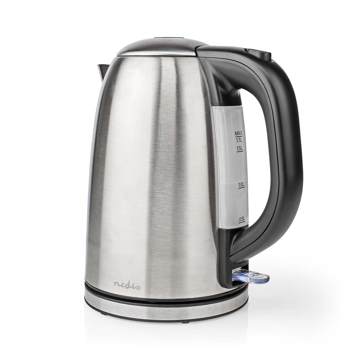 Czajnik elektryczny ze stali nierdzewnej z czarnym uchwytem i wskaźnikiem poziomu wody na białym tle.