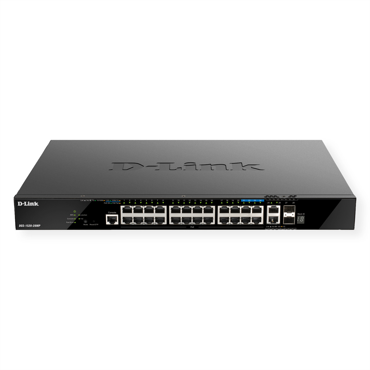 Uno switch di rete D-Link nero con molte porte e luci.