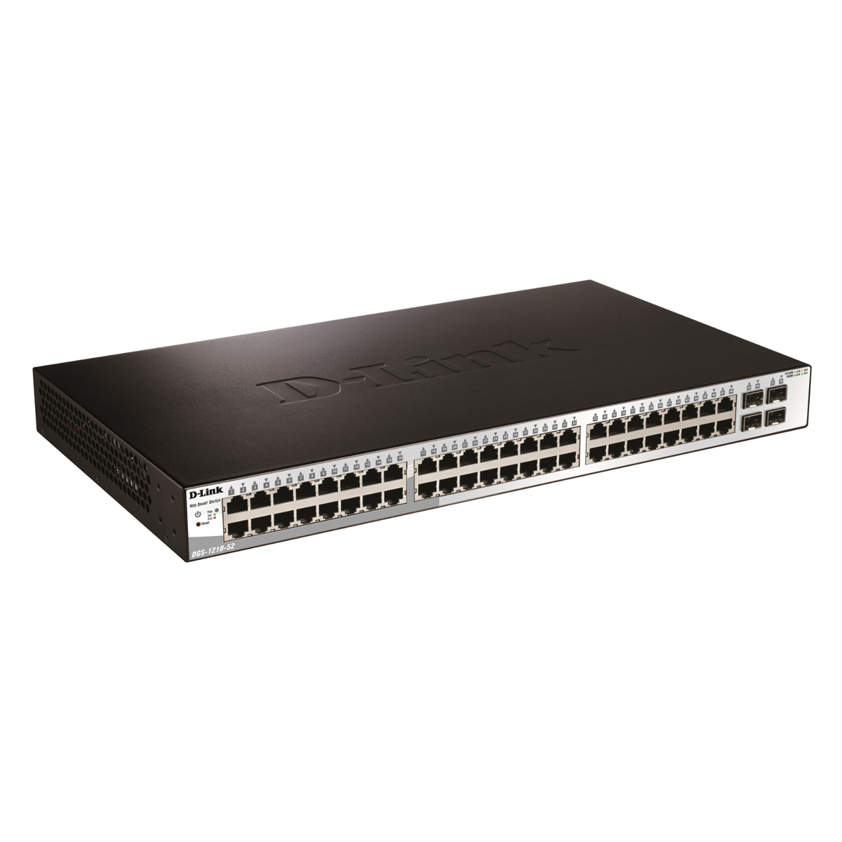 Switch D-Link nero, con molte porte, su sfondo bianco.