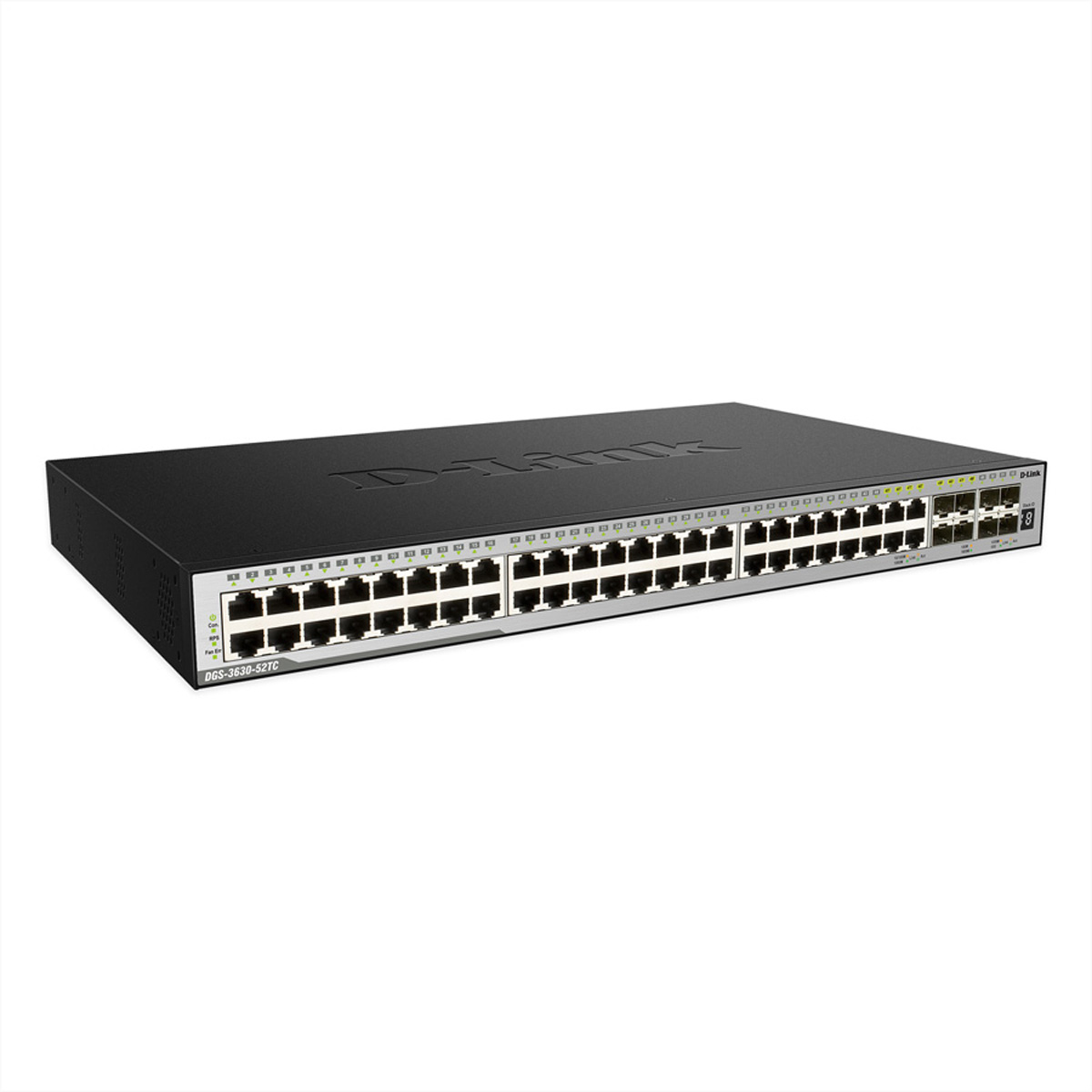 Schwarzer D-Link-Switch mit vielen Anschlüssen auf weißem Hintergrund. Der Switch ist rechteckig.