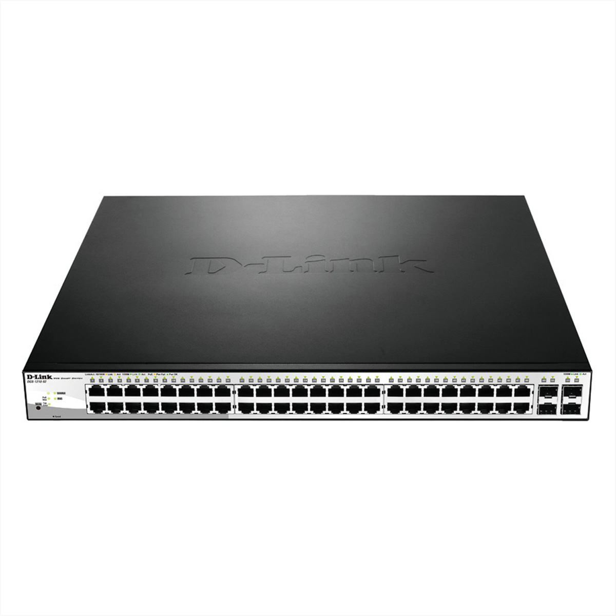 Switch di rete D-Link nero con molte porte, vista dall'alto, sfondo bianco.