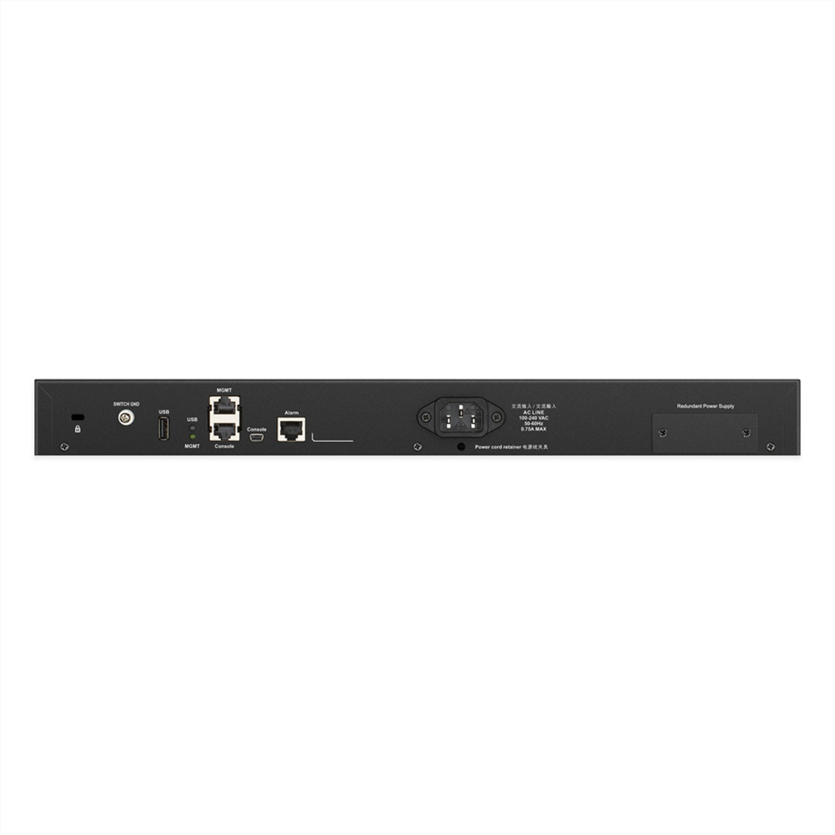 Die Rückseite eines schwarzen Netzwerk-Switches mit mehreren Anschlüssen und einem Stromanschluss.