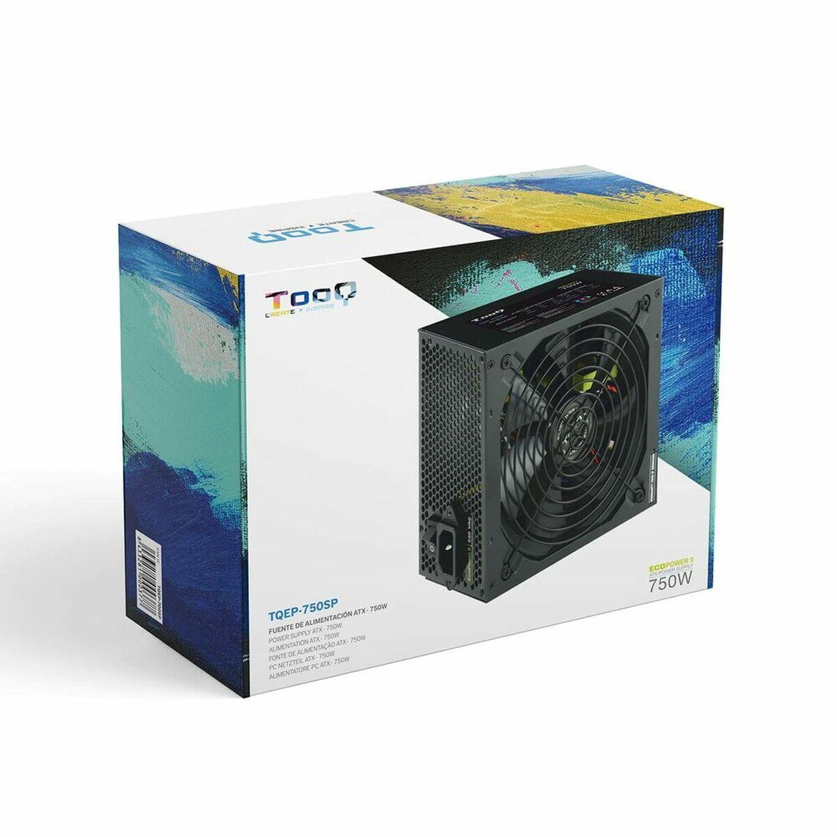 Un alimentatore TOEQ 750W in una scatola. La scatola ha dettagli blu, gialli e verdi.