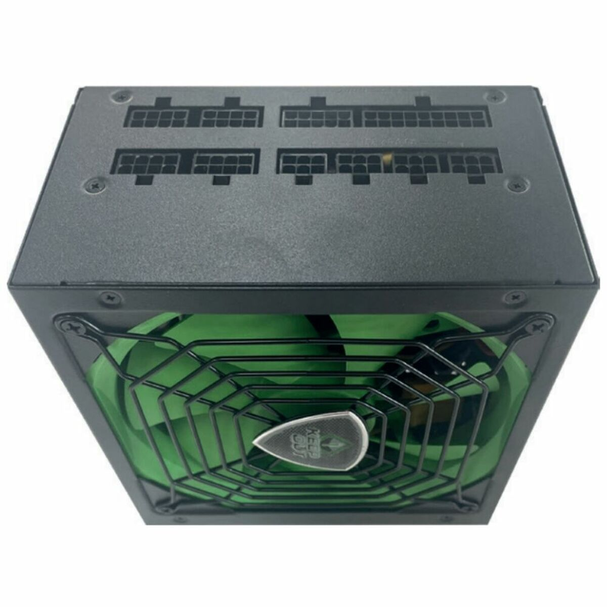 Un alimentatore per computer. Ventola verde visibile, telaio nero con fessure.