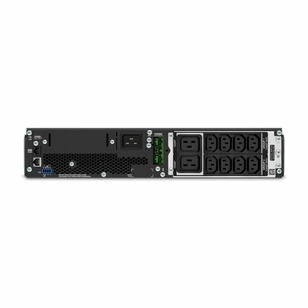 Gruppo di continuità (UPS) nero per montaggio su rack con porte. Ha più prese di corrente sul davanti.