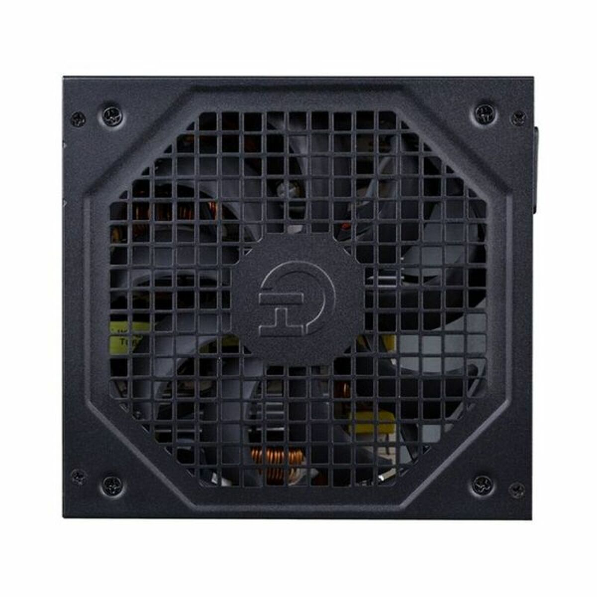 Zwarte computer voeding met een ventilatierooster en een logo in het midden.