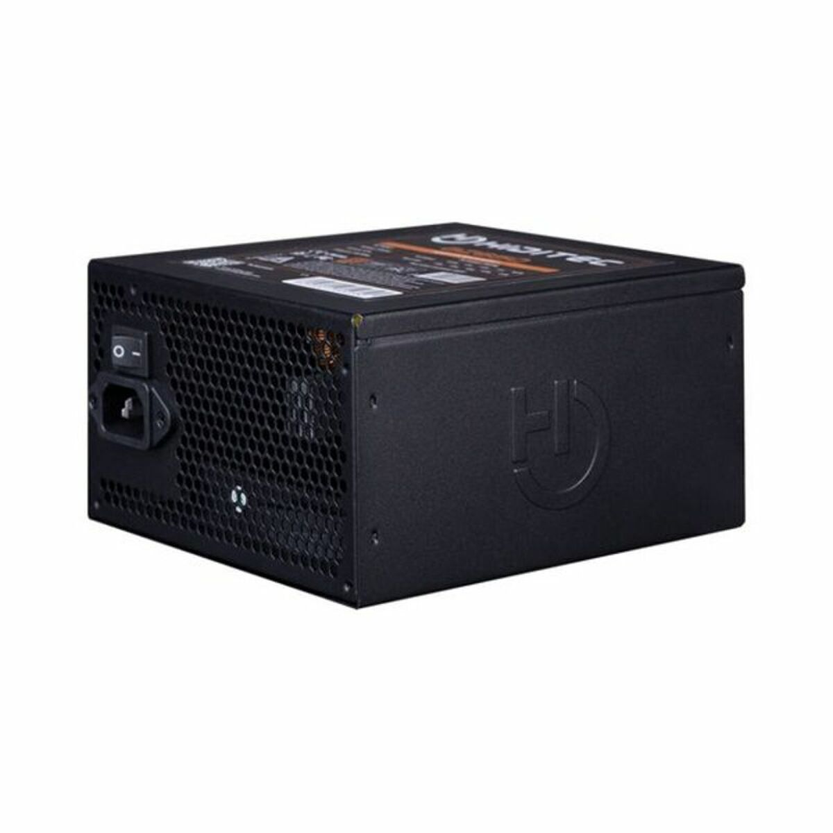 Een zwarte voeding met een ventilator en een aan/uit-knop aan de linkerkant.