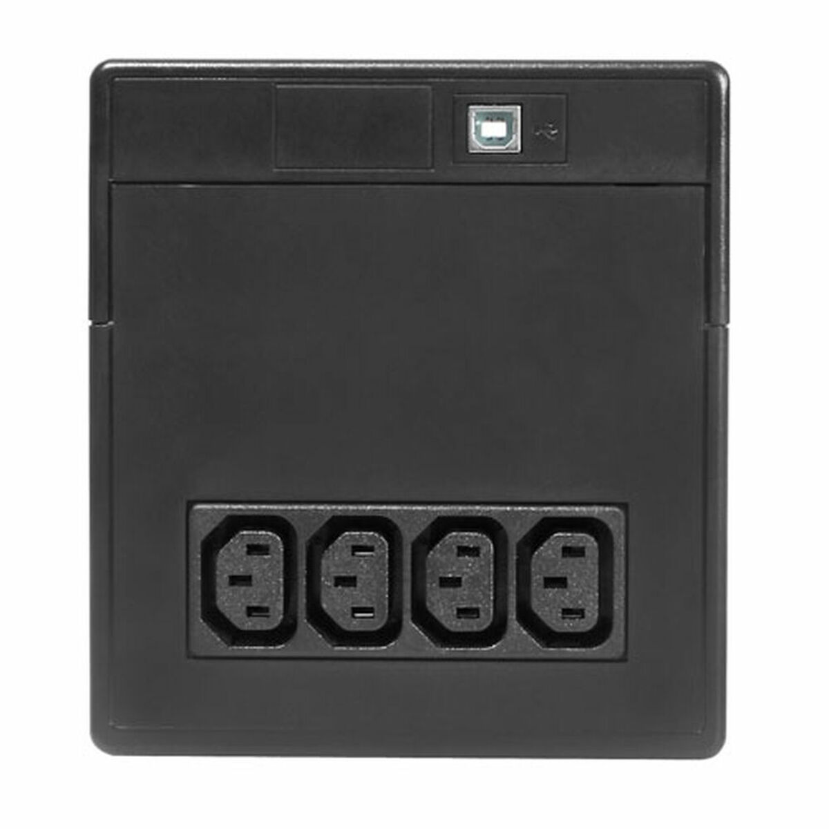 SAI negro con cuatro enchufes, un puerto USB y un diseño rectangular.