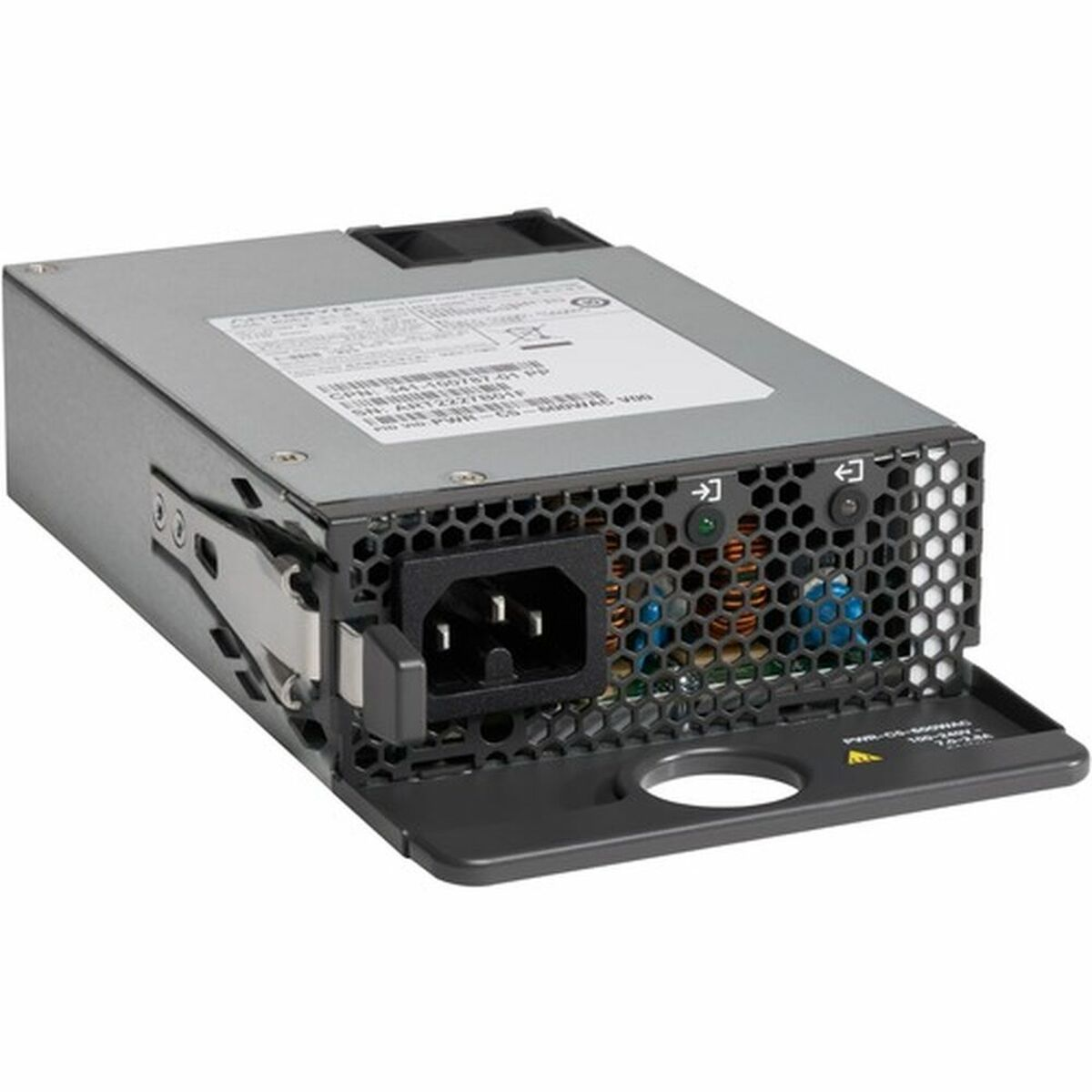 Un alimentatore per computer argentato con presa nera e altri componenti visibili.