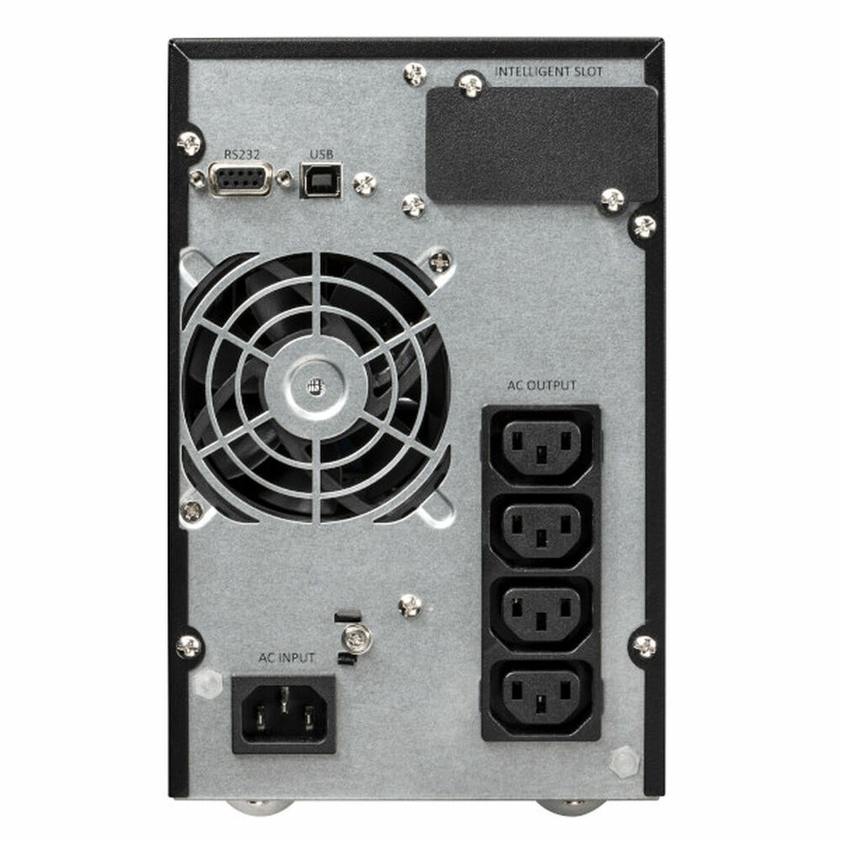Parte trasera de un UPS negro con ventilador, puertos y etiquetas.