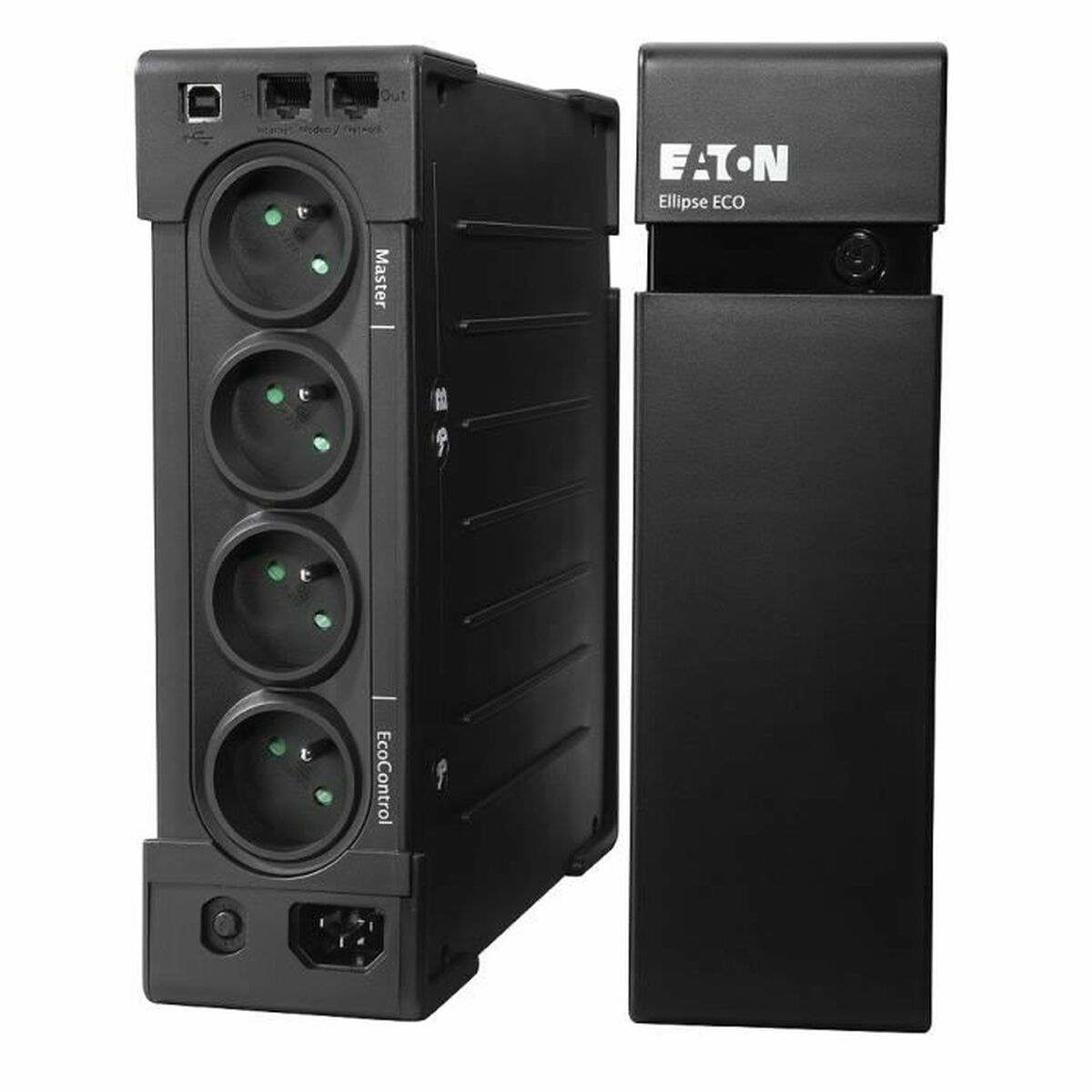 Gruppo di continuità Eaton Ellipse ECO nero con prese, accanto a un alimentatore nero.
