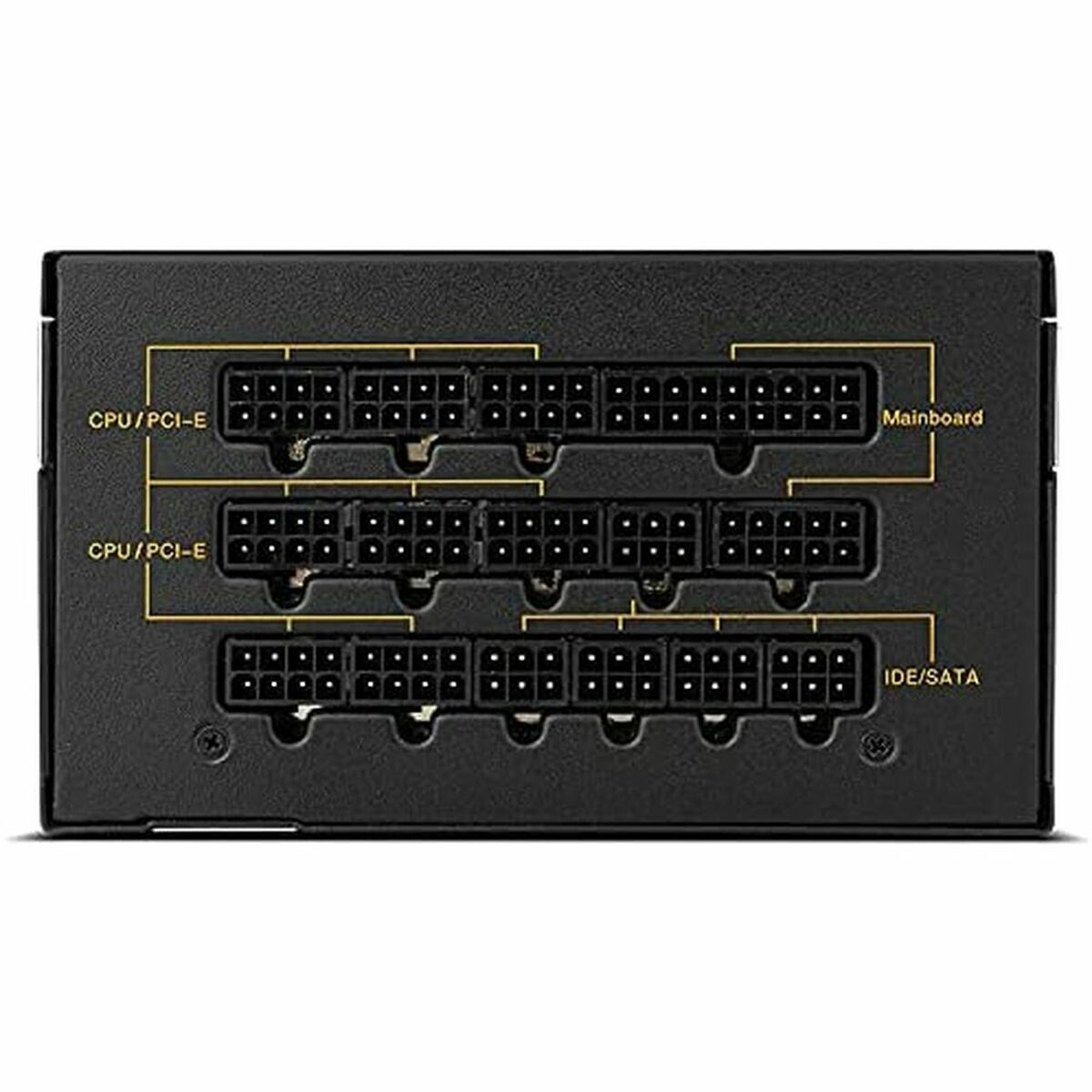 Vista posteriore di un alimentatore per computer nero con varie porte di connessione etichettate.