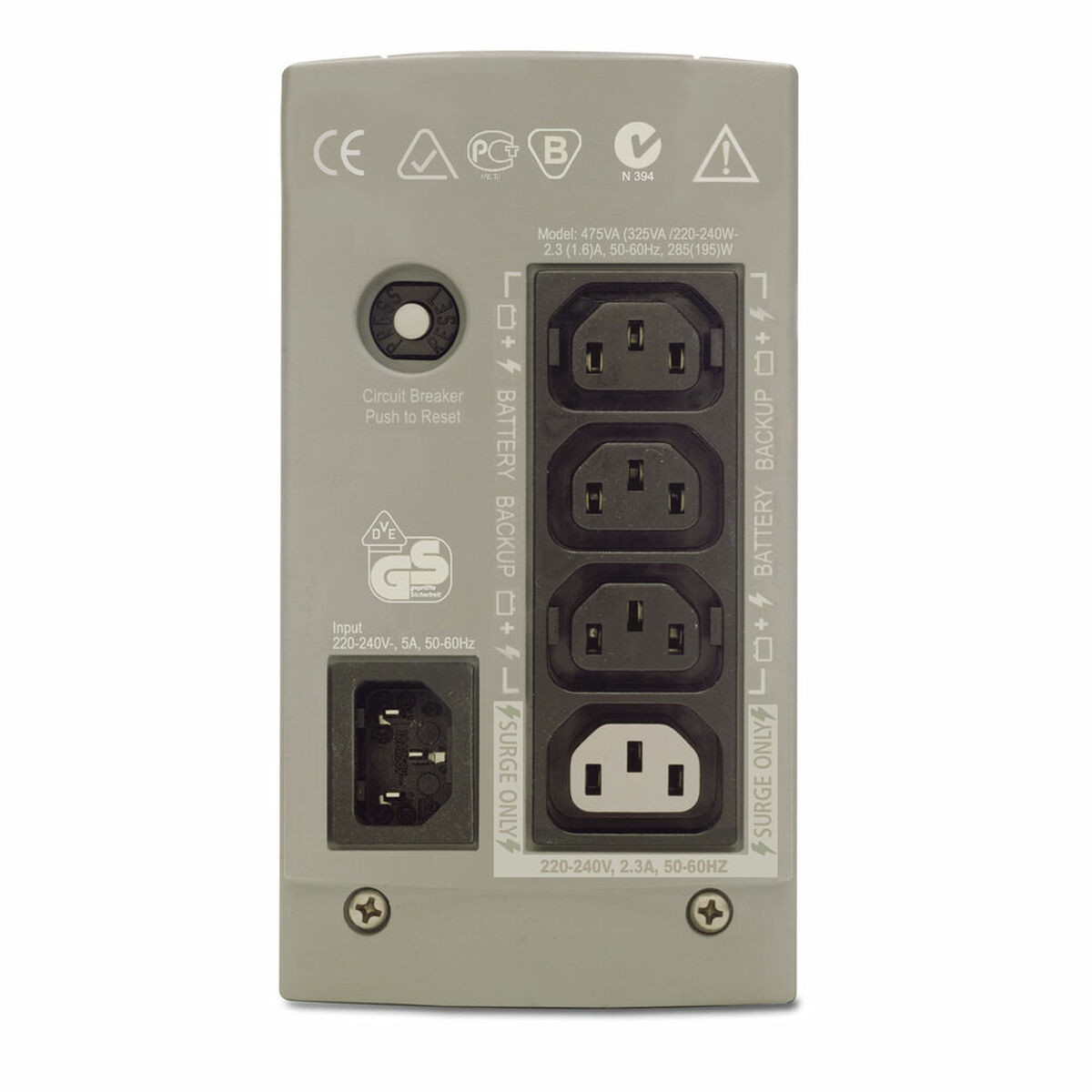 Retro di un UPS grigio con prese e porte. Include un interruttore automatico ed etichette.
