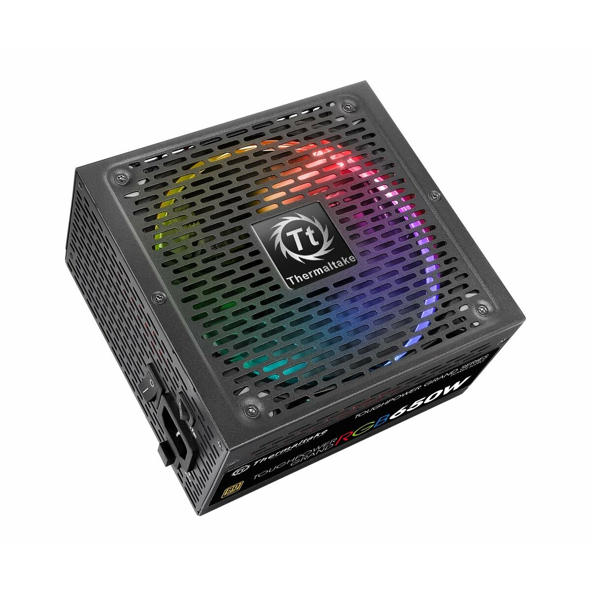 Black Thermaltake PC power supply unit. Features a fan with colorful lights and power connectors.