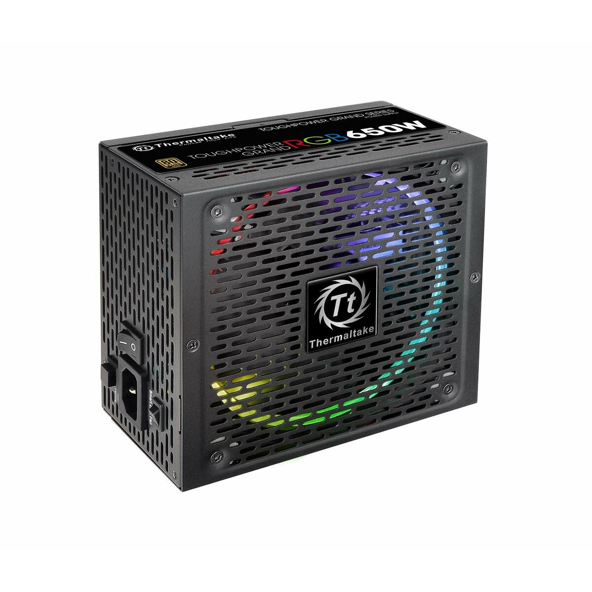 A black Thermaltake computer power supply with a fan, vents, and a multi-colored RGB light.