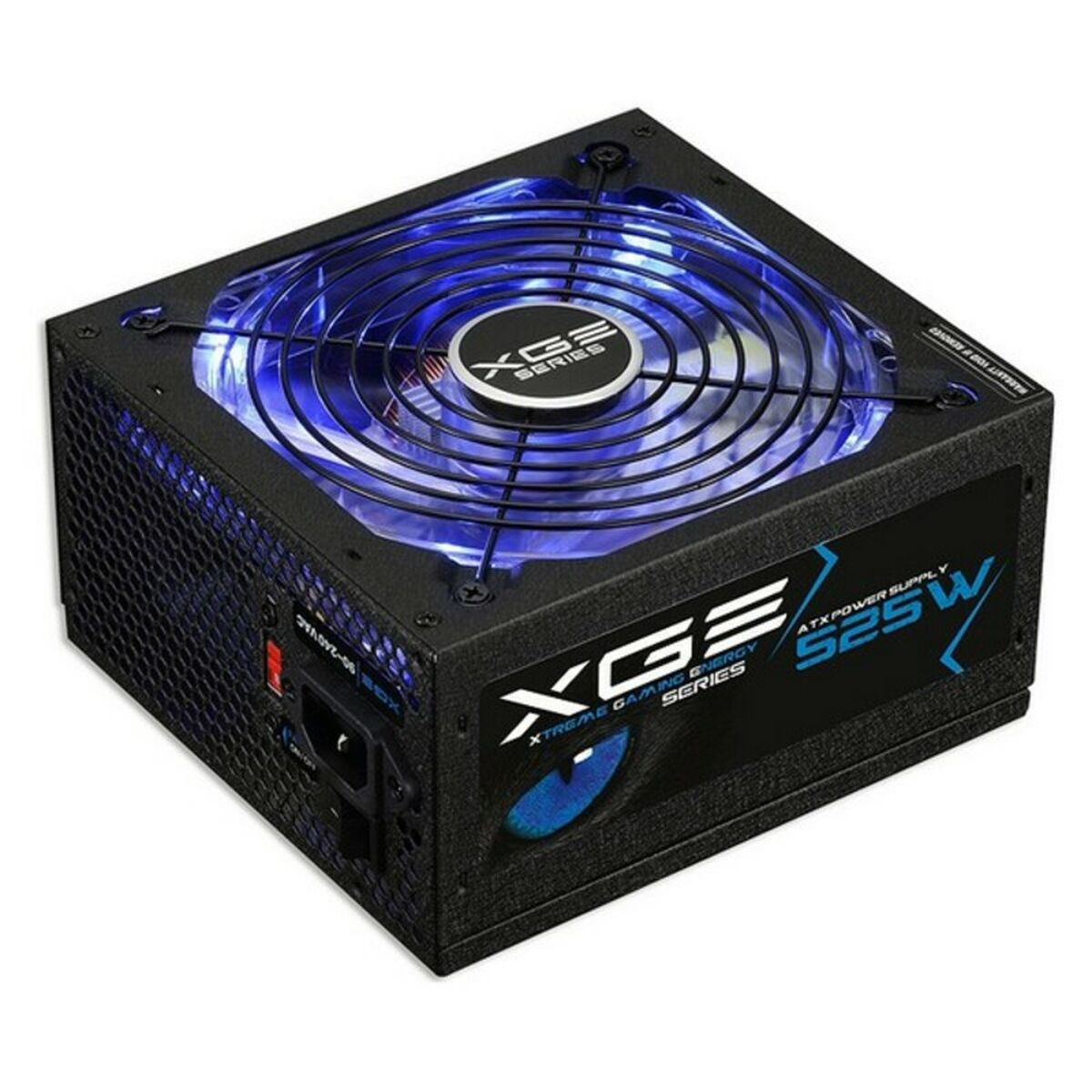 Zwarte voeding met een blauw verlichte ventilator en XGE-branding. Voorzien van een voedingspoort.
