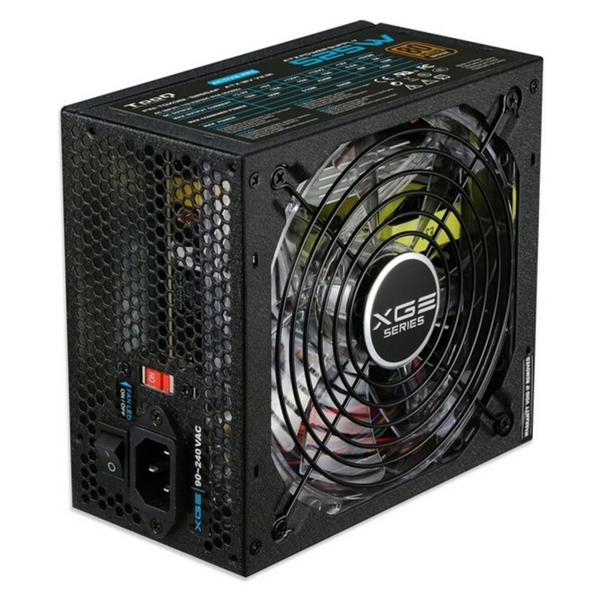 Zwarte voedingseenheid met ventilator en XGE-serie branding.