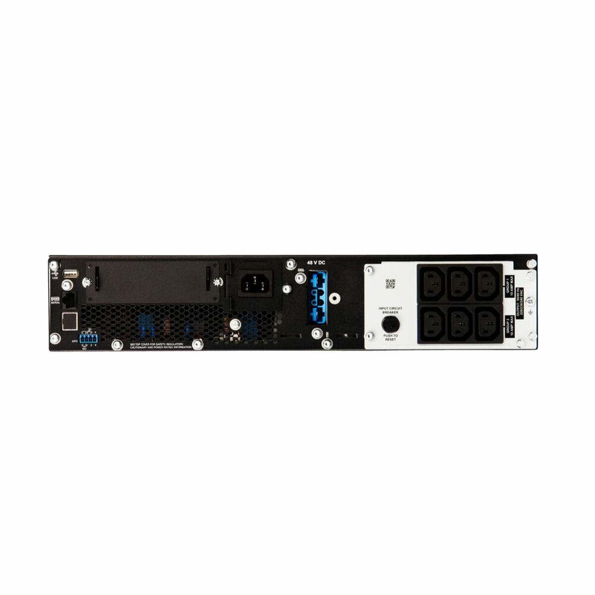 La parte trasera de un dispositivo UPS negro con puertos, conectores y un botón de reinicio.