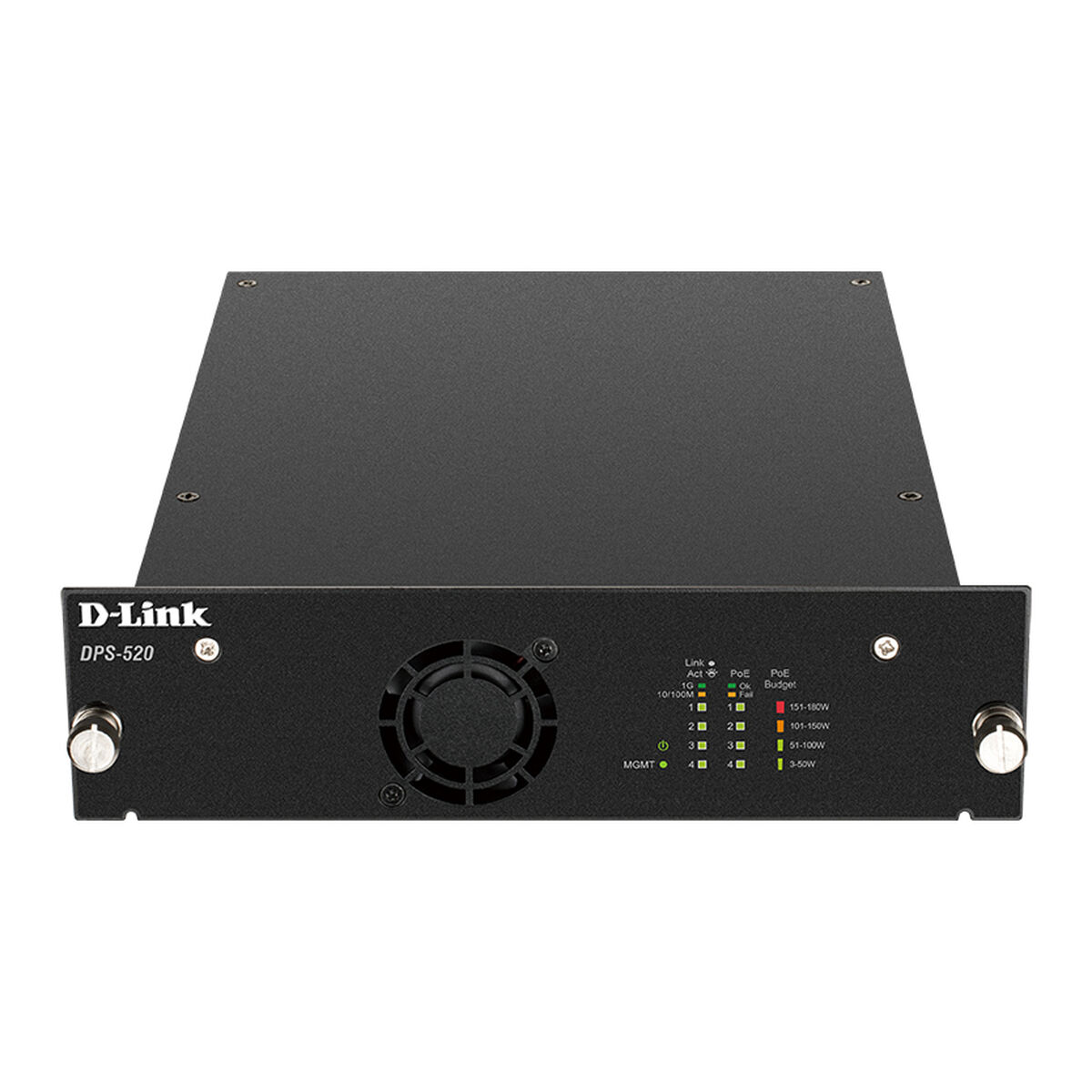Un enrutador D-Link DPS-520 negro con múltiples indicadores LED en el panel frontal.