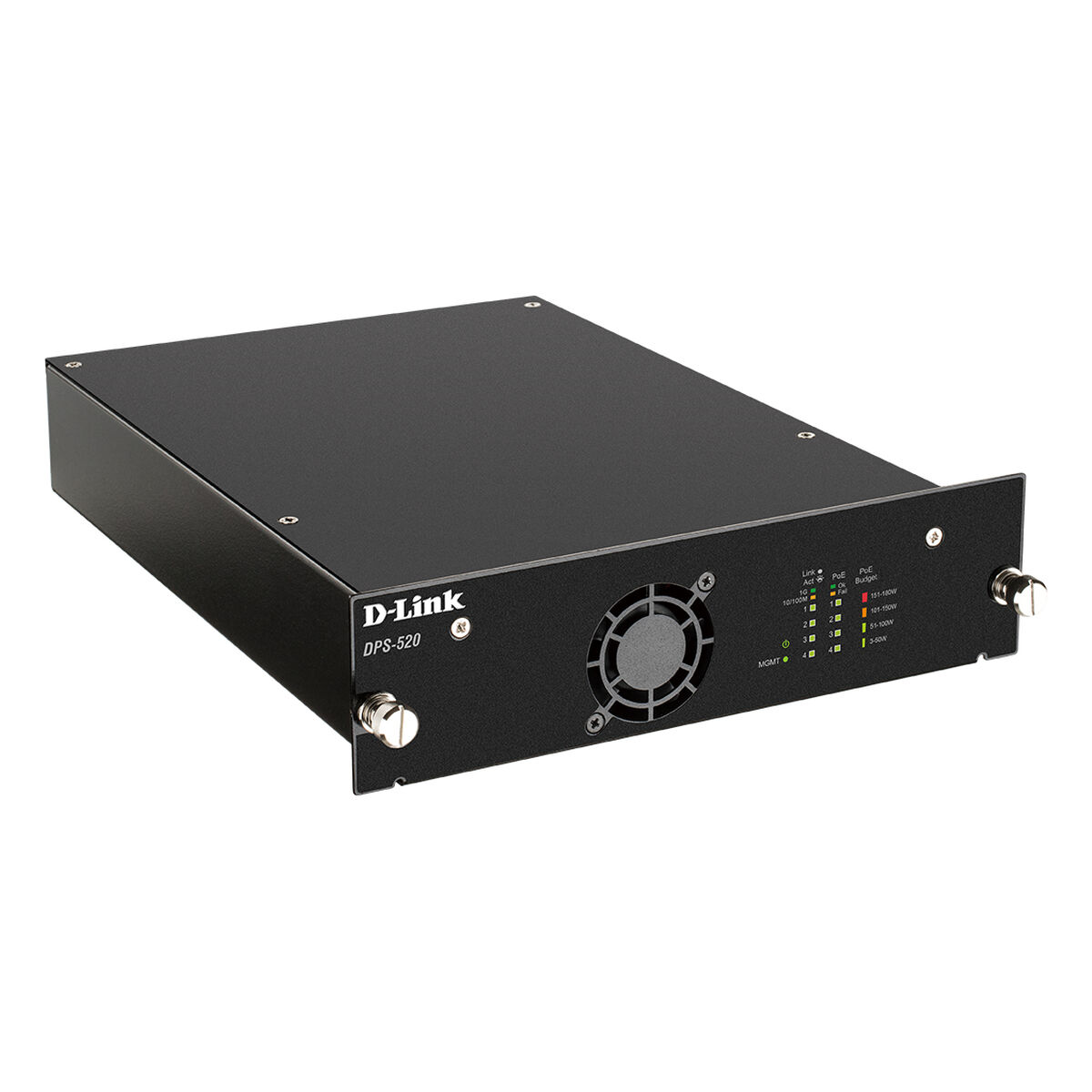 Dispositivo D-Link DPS-520 negro con ventilador, luces y puertos de conexión.
